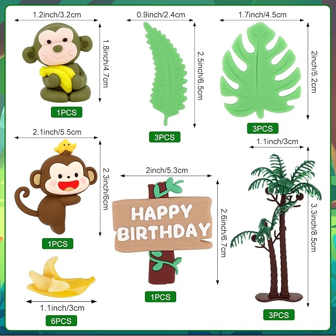 Hooqict 18Pcs Monkey Cake Decorations Set with Mini Banana Coconut Trees Happy Birthday Cake Toppers for Jungle Safari Animal Baby Shower Monkey Themed Birthday Party Decorations Supplies