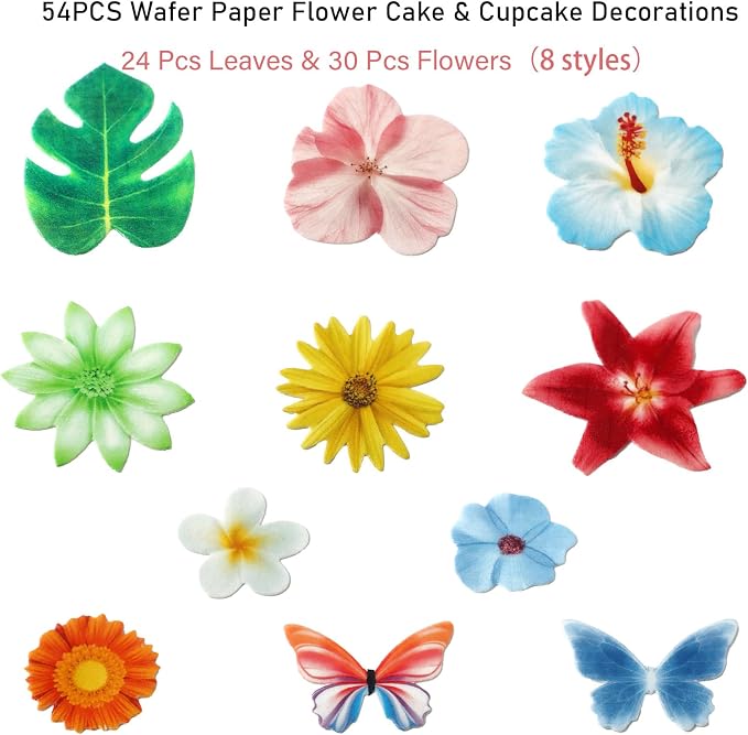 54 Pcs Edible Flowers Cupcake Cake Toppers Decorations Wafer Paper Green Leaf & Tropical Flower for for Hawaiian Birthday Tropical Luau Summer Party Wedding