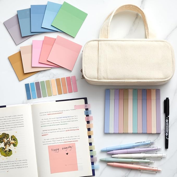 Jutom 39 Pcs Aesthetic Book Annotation Kit Highlighter with Case Bag Gel Pen Transparent Sticky Note Taking Bible Supplies(White,Classic Style)