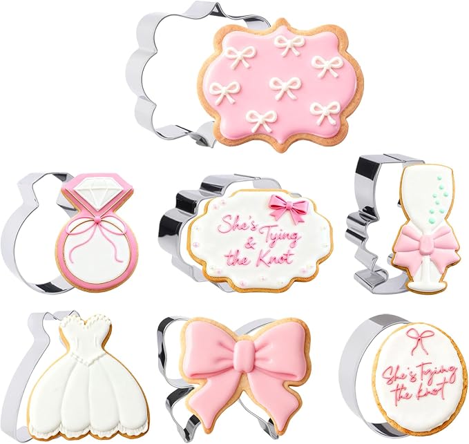 7 Pieces Bow Knot Bridal Shower Cookie Cutters Set - Stainless Steel Cookie Biscuit Cutting Molds for Women Diamond Ring Wedding Dress Wedding Party DIY Craft Home Baking Supplies