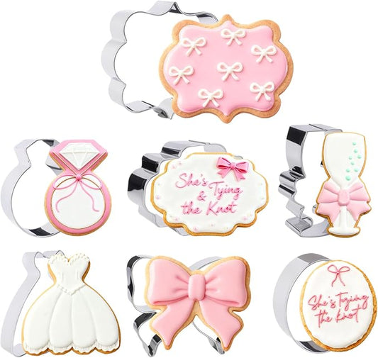 7 Pieces Bow Knot Bridal Shower Cookie Cutters Set - Stainless Steel Cookie Biscuit Cutting Molds for Women Diamond Ring Wedding Dress Wedding Party DIY Craft Home Baking Supplies