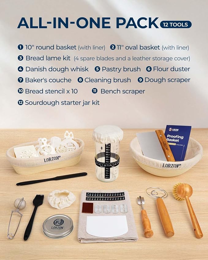 Lorzon Proofing Baskets with Sourdough Starter Jar Kit, 10" Round & 11" Oval Plastic Bannetons, Sourdough Bread Baking Supplies