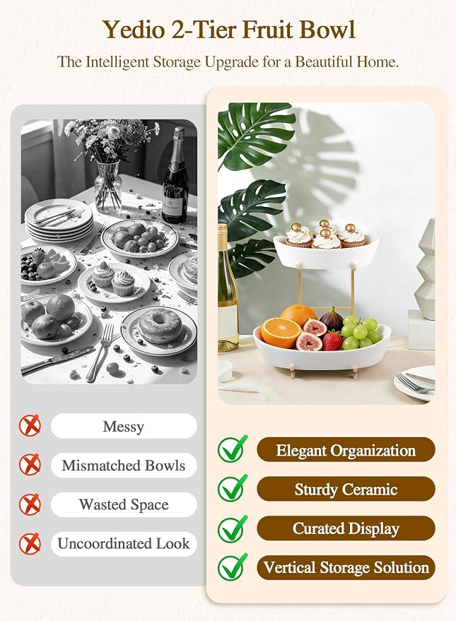 2 Tier Ceramic Fruit Bowl for Kitchen Counter, Elegant Gold Fruit Basket for Countertop, Small & Cute White Porcelain Tiered Serving Tray for Party, Modern Centerpiece for Snack, Candy & Nut