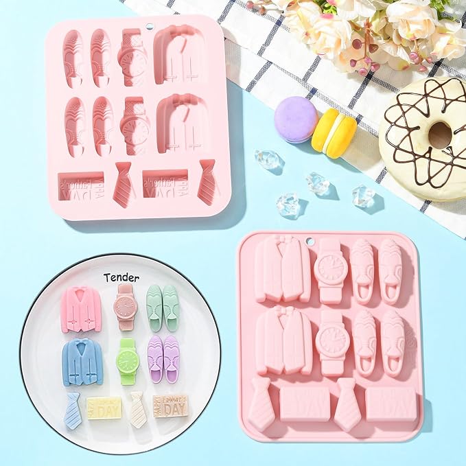 Ipotkitt 2pcs Pink Father's Day Themed Silicone Candy Molds Father Dad Love Suit Watch Gummy Molds for Jelly Fondant Chocolate Candy Mousse Ice Cake DIY Crafts