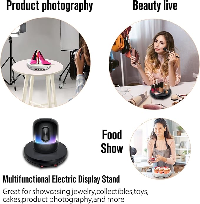 JAYEGT Motorized Rotating Display Stand with LED Light , 10 inch /55lbs Load, 360 Degree Electronic Turntable Display Stand for Photography Products Shows, Jewelry, Watch, 3D Models, Cake (Black / White LED Light / Wired)