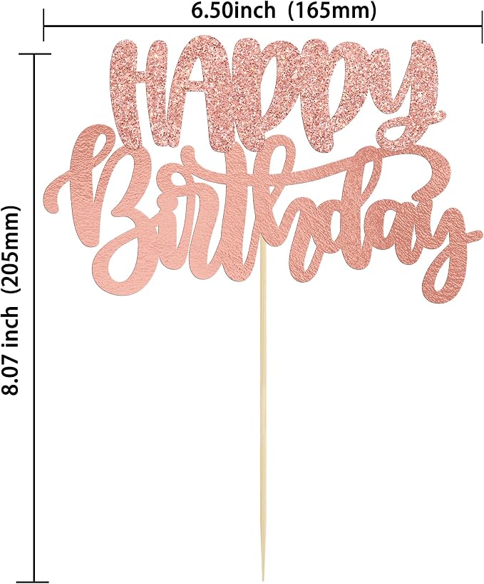 Gyufise 1Pcs Happy Birthday Cake Topper Glitter Cake Pick for Celebrating Anniversary Theme Party Cake Decorations Supplies Rose Gold