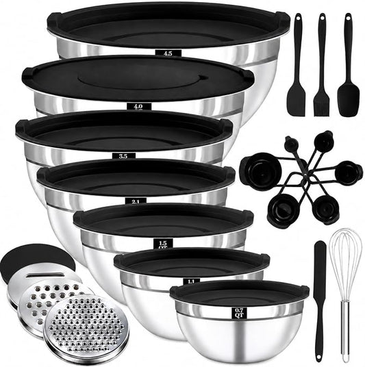 21PCS Mixing Bowls with Lids Set - 7 Nesting Mixing Bowls, 3 Graters, 11 Baking Tools, Lids, Stainless Steel Mixing Bowls for Mixing & Baking, Size 0.7/1.1/1.5/2.1/3.5/4/4.5 QT, Black