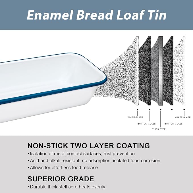 Webake Large Enamel Bread Pan, Long Banana Bread Loaf Pan for Baking, Non-Stick Rectangle Cake Pan Enamelware White 12 x 4.5 Inches