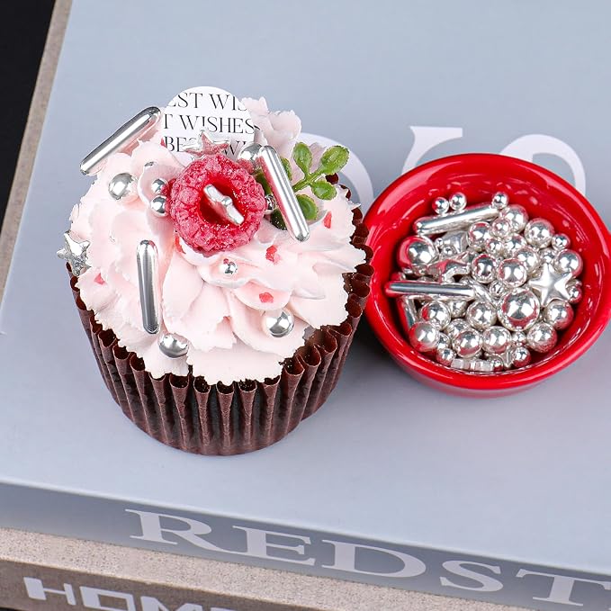 Silver Sprinkles for Cake Decorating, 4.6oz Edible Star Sprinkles with Sugar Pearls and Rods, Candy Baking Decorations, Ice Cream Toppings and Cookie Decorating, Wedding Party Valentines Supplies