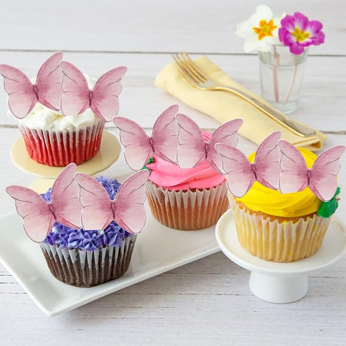 Ephlyn 48Pcs Edible 3D Butterfly Cupcake Toppers - Cute Cake Picks for Baby Shower, Bridal Shower, Birthday Party - Pink