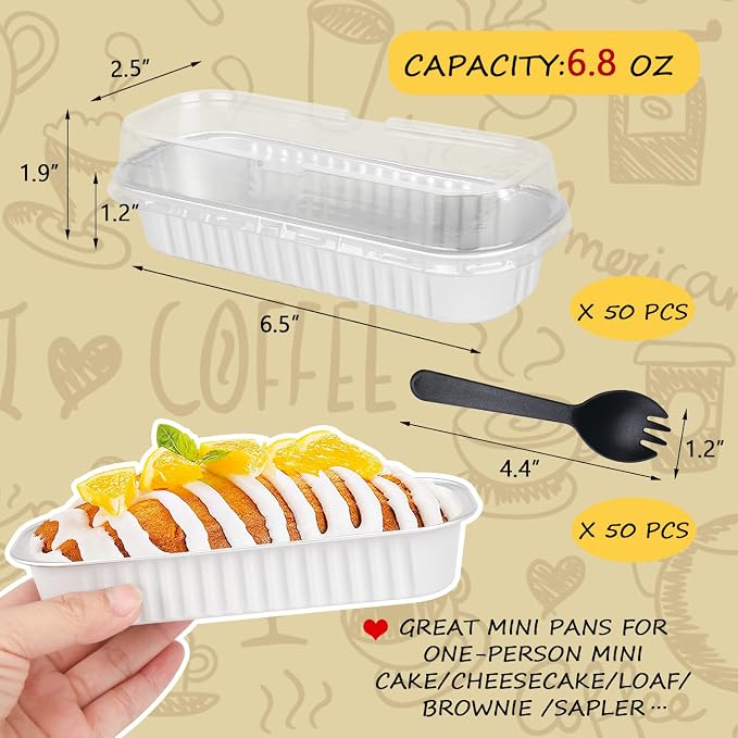 Mini Loaf Baking Pans with Lids 50 Pack,LNYZQUS 6.8oz Rectangle Aluminum Foil Mini Cake Baking Pans Tins Containers,Disposable Ramekins Baking Cups Muffin Tins-White