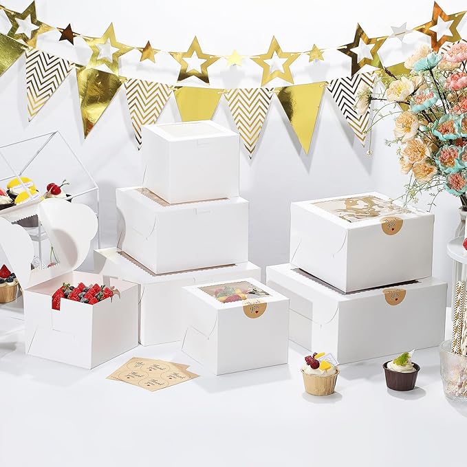 Mini Cake Boxes 6 Inch with Window, 48 Set Bakery Boxes with Cake Boards & Stickers, Cupcake Box for Birthday, Party, Wedding, Mother's Day, Valentine's Day, Christmas（6x6x5 inch）