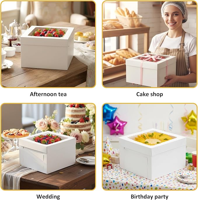 Moretoes 48pcs Cake Boxes 12x12x8 Inch with Cake Boards (24 Boxes & 24 Boards), Cake Carrier with Large Window, 12 Inch White, Bakery Containers Disposable Boxes for Birthday, Party, Cupcake Cookie