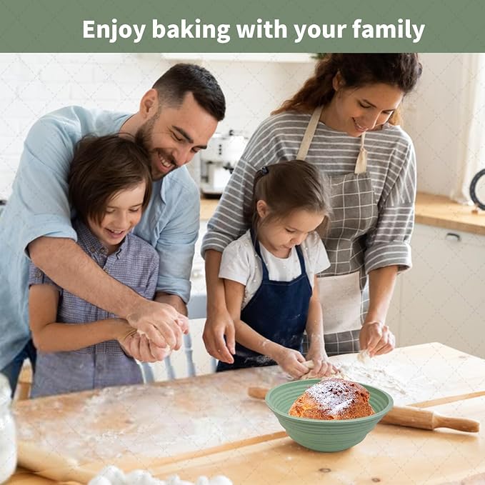 2Pcs Silicone Banneton Bread Proofing Baskets, 10" Oval & 9" Round Foldable Non-Stick Dough Proofing Bowl Containers-BPA Free, Optimum Sourdough Bread Baking Supplies (Green)