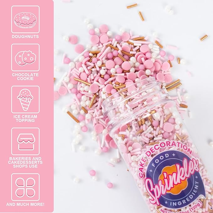 Dye Free Sprinkles Pink No Artificial Dyes Natural Confetti Pearl Sugar Gold Jimmies Valentines Sprinkles for Cake Decorations Baby Shower, Cookies, Fondant Cake, Dessert Toppings, 4.2oz