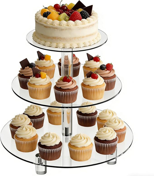 3 Tier Acrylic Cupcake Stand (6", 8", 10") with 4" Spacing - Clear Dessert Tower with Solid Rods - Stable Cake Display for Smash Cakes, Weddings & Party Decor (Clear)