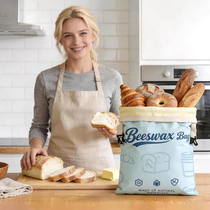 2 Pack Blue Beeswax Bread Bags for Sourdough, Reusable Organic Linen Beeswax Bread Bag 17 x 12.6 Inches, Food Storage Drawstring Cloth Bag, Freezer-Friendly Freshness Preservation for Homemade Baking
