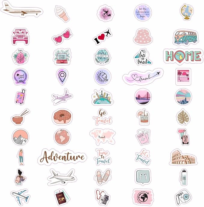 BulbaCraft 100Pcs Cute Travel Stickers for Women, Travel Stickers for Water Bottles, Notebook, Laptop, Luggage Decals for Suitcases, Travel Journal Decals, Gifts for Women & Men