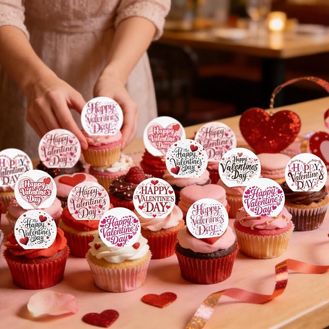 36PCS Edible Happy Valentine’s Day Cupcake Toppers Wafer Paper Sweet Love Be Mine Kiss Me Cupcake Picks Valentine’s Cake Decor for Valentine's Day Theme Wedding Party Supplies