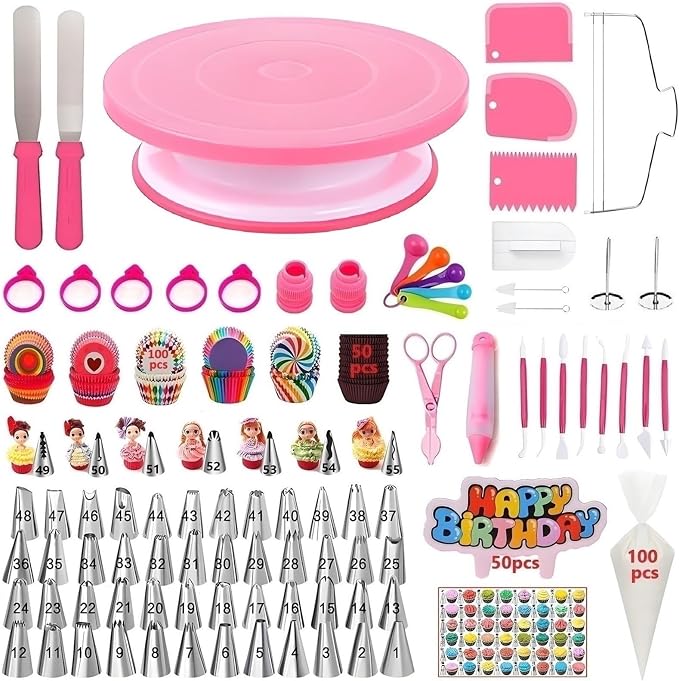 Cake Decorating Kit, 390 Pcs Baking Supplies (Pink) | Cake Turntable, Leveler, 55 Numbered Icing+Skirt Tips, 2 Spatulas, 3 Scrapers, 100 Pastry Bags,150 Cupcake Liners & More