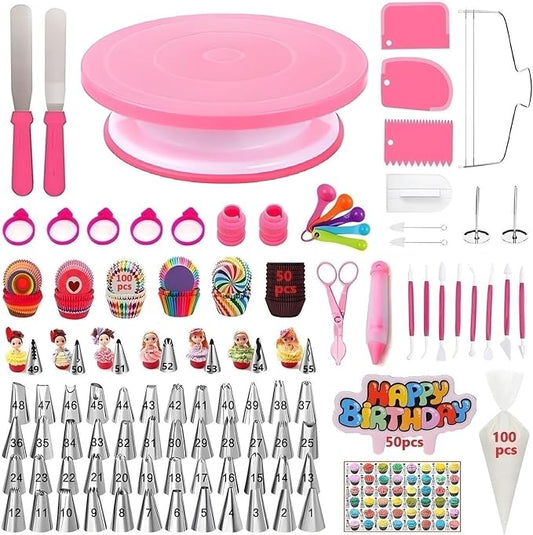 Cake Decorating Kit, 390 Pcs Baking Supplies (Pink) | Cake Turntable, Leveler, 55 Numbered Icing+Skirt Tips, 2 Spatulas, 3 Scrapers, 100 Pastry Bags,150 Cupcake Liners & More