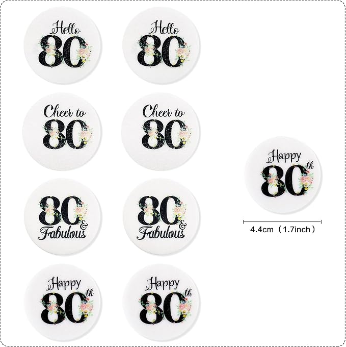 40Pcs Edible Circle Happy 80th Birthday Cupcake Toppers Edible Floral Hello 80 Fabulous Cheers to 80 Cupcake Picks Drink Toppers for Funny Female Floral 80th Birthday Party Decorations