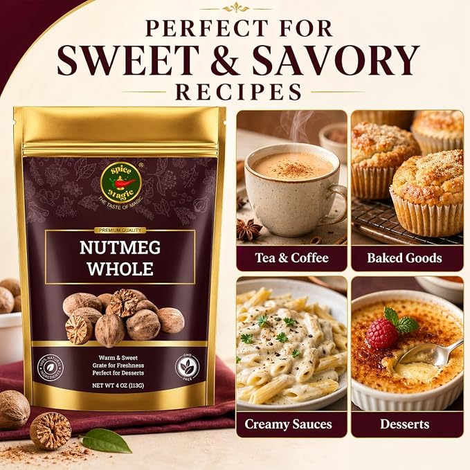 Spice Magic Whole Nutmeg 4 oz, Jaiphal Nuez Moscada – 100% Pure Natural Nutmeg Seeds for Grating, Non-GMO Gluten Free, for Baking, Cooking, Coffee, Tea, Hot Chocolate, Eggnog & Desserts