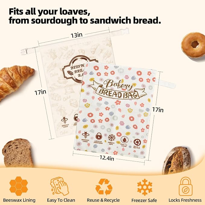 2 Pack Beeswax Bread Bags for Sourdough Homemade Bread, Organic Linen Reusable Natural Bread Storage Bag, Keep Fresh Moisture, Freezer-Friendly, Large Capacity Food Storage Cloth Bag
