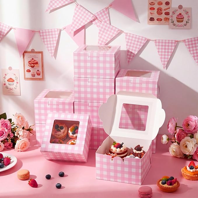 50 Pack Pink Gingham Cookie Box with Window, Small Plaid Bakery Boxes for Pastry Donuts Macaroon Cupcakes, Gingham Party Supplies Wedding Bridal Shower Sweet 16 Party Favors