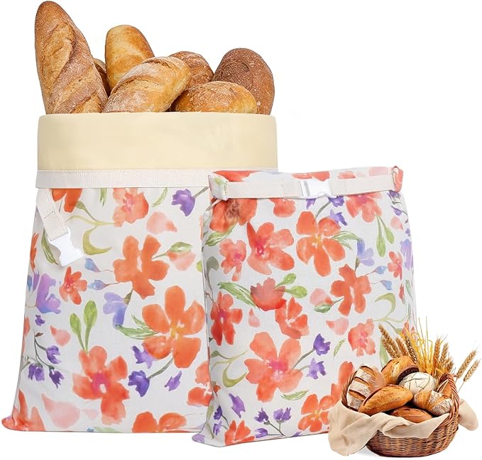 Beeswax Bread Bag for Homemade Bread Sourdough, 2 Pack Reusable Bees Waxed Infused Linen Wrap for Baguette Loaf Bread Freezer, Fresh Food Keeper Storage Container, Homesteading Essentials Flower Bloom