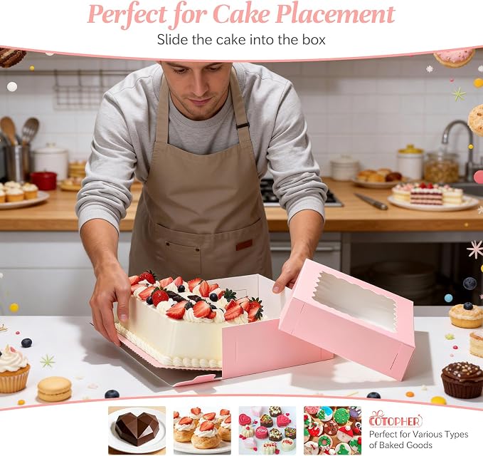 COTOPHER 14x10x4 In Sheet Cake Boxes, 16 Pcs Pink Bakery Boxes with Large Window (8 Boxes & 8 Boards), Cake Containers for Quarter Cakes, Donuts, Cupcakes, Brownie, Pastry & Pies Packaging