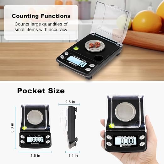 UNIWEIGH Digital Milligram Scale Accurate 0.001g/50g mg Scale for Powder | Precision scale for Jewelry,Gold,Gem,Reloading,Micro Gram Scale with 6 Units,Tare,Cal Weight,pocket scale with USB&battery