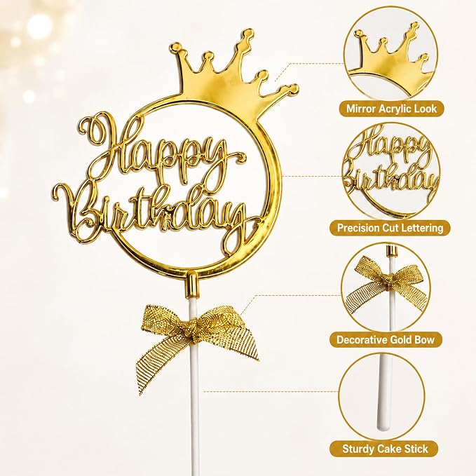 Ecanna Gold Acrylic Happy Birthday Cake Topper with Crown and Bow | Glossy gold acrylic script with crown and bow adds an elegant finishing touch to birthday cakes and celebration desserts.