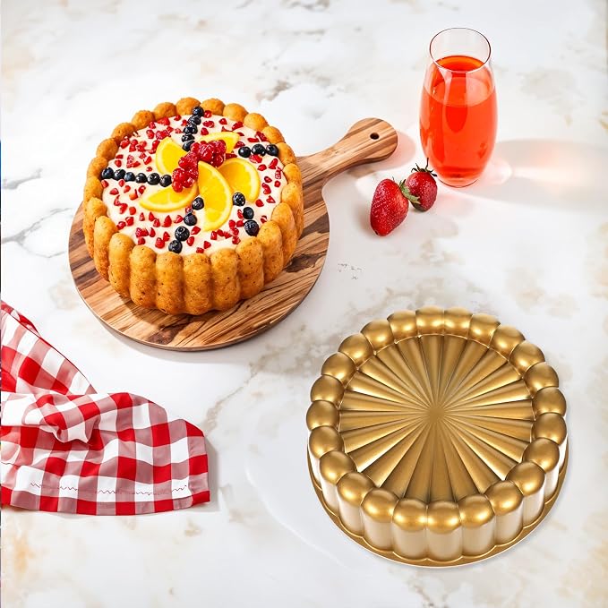 9.5 Inch Charlotte Cake Pan, Reusable Mold Fluted Cake Pan, Nonstick Aluminium Cakes Mold with Flower Shape for Cheese, Chocolate Cakes, Strawberry Shortcake, Brownie Tart Pie