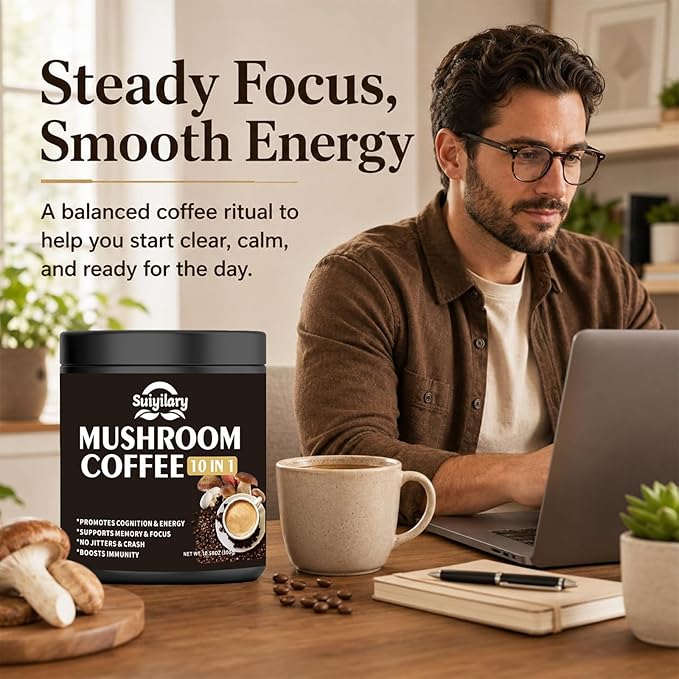 Suiyilary Mushroom Coffee, 10 Mushroom Extract Powder Blend Lion's Mane, Reishi, Chaga, Cordyceps, Turkey Tail, Brain Supplements with Instant Coffee for Energy, Focus, Memory and Immunity 300g