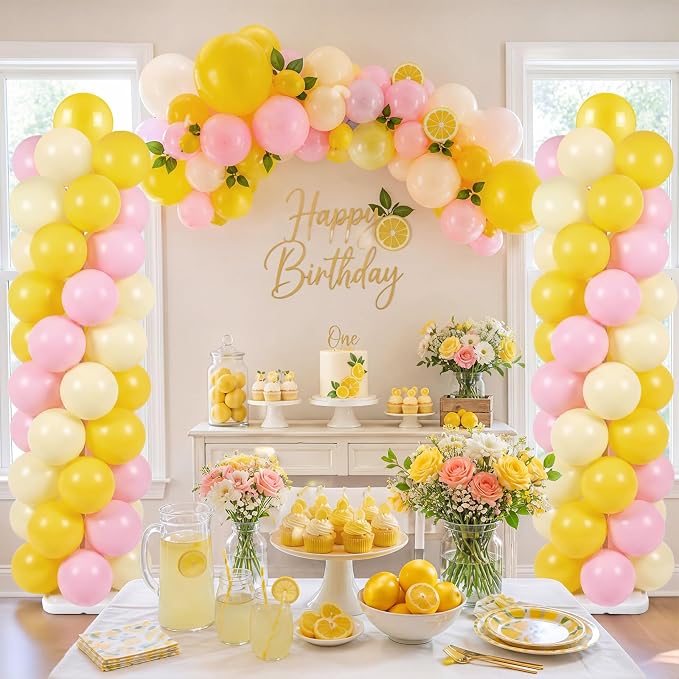 Skylety Lemon Balloon Column Stand Kit, 2 Sets 6.5 Ft Adjustable Balloon Tower Stand with Bases Pastel Yellow Light Pink Balloons Decorations for Birthday Wedding Baby Shower Party Supplies