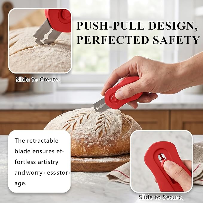 Uliya Professional Magnetic Bread Lame Set Retractable Dough Scoring Tool with 5 Replaceable Blades, Safety Push-Pull Design for Artisan Bread Scoring, Perfect for Home Bakers (Red)