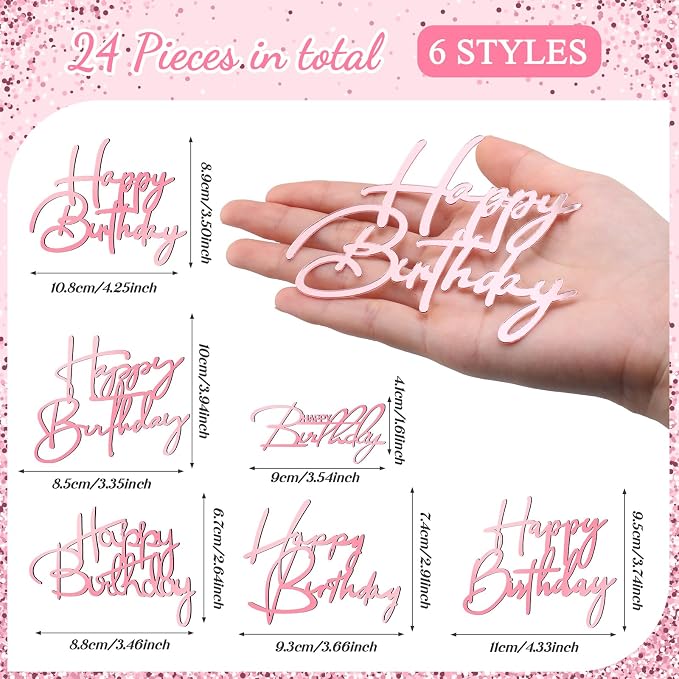 Barydat 24 Pieces Pink Happy Birthday Cake Toppers Mirror Acrylic Cupcake Topper Happy Birthday Sign for Cake Side Cupcake Decorations, 6 Styles