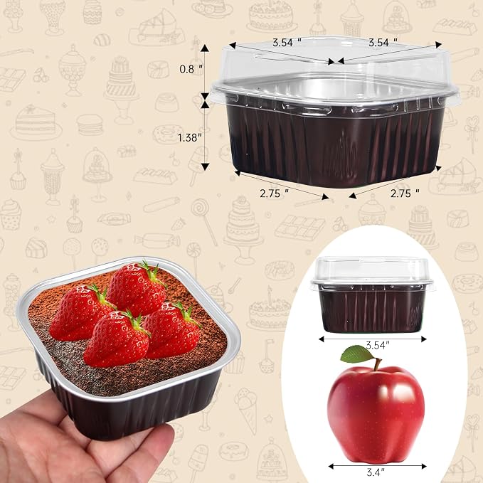50 Pcs Mini Square Baking Cups with Lids,5oz Aluminum Foil Mini Cake Pans with Lids,Disposable Ramekins Cake Pans,150ml Dessert Cups Cupcake Pans for Wedding Birthday Party,Coffee