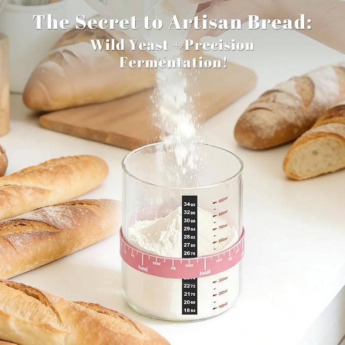 Pink Sourdough Starter Kit – 34 Oz Glass Jar With Lid, Cloth Cover, Date Band, Temp Strip – Sourdough Bread Baking Supplies, Glass Container, Pink