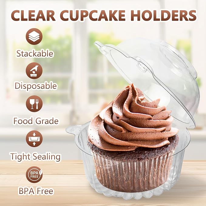 50 Pack Plastic Cupcake Containers with Dome Lids, Disposable Individual Clear Cupcake Boxes Holders Carrier, Single to Go Dessert Cake Packaging for Muffin Donuts Fruit Salad Wedding Party