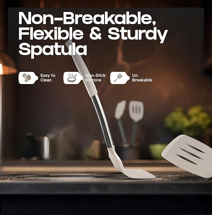 BakeRoyal Silicone Spatula Set - Turner Spatulas Silicone Heat Resistant 600°F - Slotted & Solid Spatula for Cooking Fish, Eggs, Pancakes Flipper – Spatulas for kitchen use – Mist