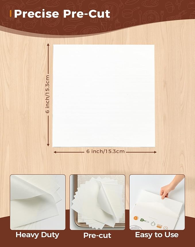 6x6 Inches Parchment Paper Squares, 320Pcs Non-Stick Hamburger Patty Paper, Unbleached 100% Wood Pulp Burger Paper for Separating Patty, Burgers, Naan, Tortillas, Freezer, Oven, Microwave
