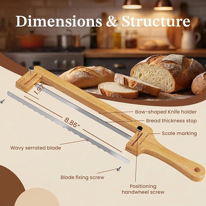 Adjustable Sourdough Bow Bread Knife – Large Bread Slicer for Homemade Bread with Serrated Stainless Steel Blade&Precision Thickness Guide, Even Slice Cutter for Baguettes, Bagels.