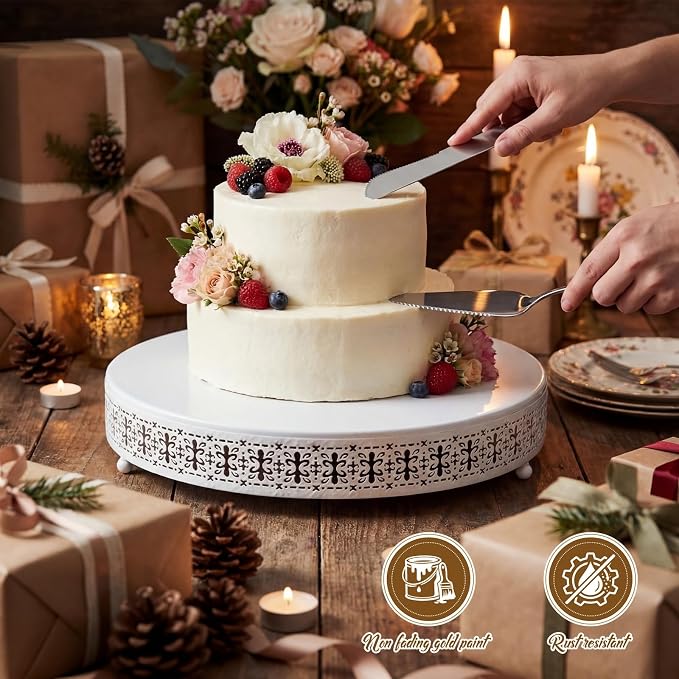 Wenqik White Cake Stand 18 Inch Metal Round Cupcake Dessert Wedding Cake Stand with Cutting & Spatula Cookies Display Holder Fruit Serving Tray for Table Wedding Birthday Anniversary Party