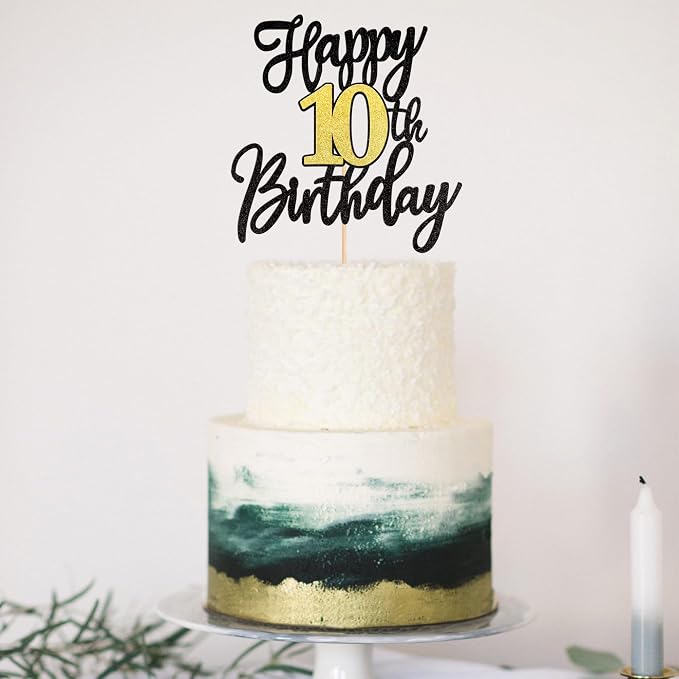1 PCS Happy 10th Birthday Cake Topper Black Gold Glitter Cheers to 10 Years Birthday Cake Pick 10 Fabulous Cake Decoration for Happy 10th Birthday Anniversary Party Cake Decorations Supplies