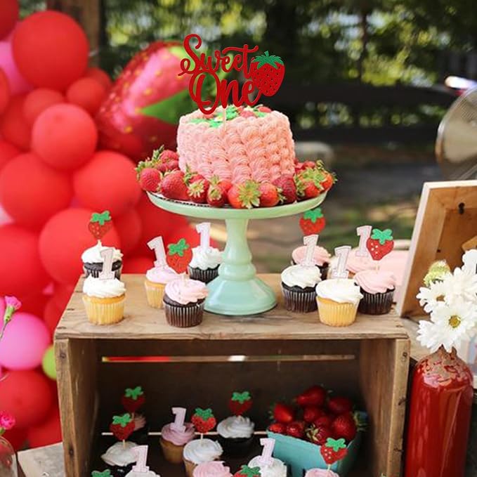1 Pack Sweet One Cake Topper Glitter First Birthday Strawberry Cake Pick for Fruit Baby Shower 1st Birthday Berry Sweet Cake Decoration For Birthday Party Supplies Red