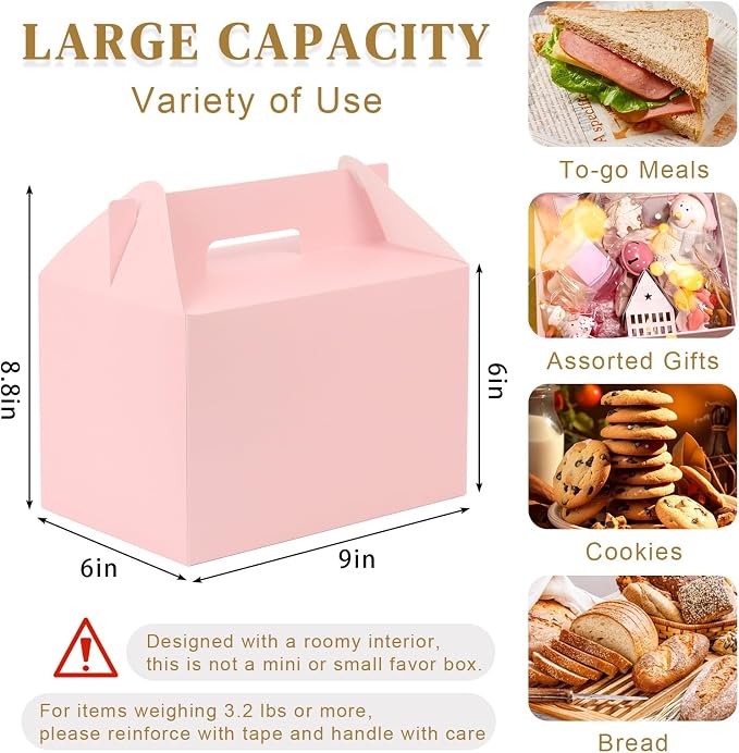 TryDrem 30 Pack Large Gable Boxes with Handles, 9x6x6 Inch Spacious Capacity Party Favor Boxes, Pink Treat Box for Gifts, Bread, Cookies, Lunch, Bakery, Wedding, Birthday, Picnic
