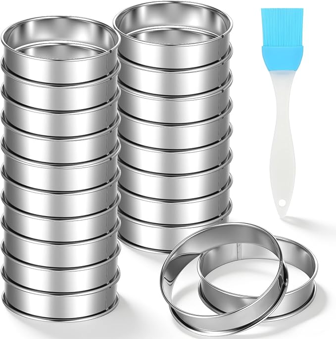20 Pack 4 Inch English Muffin Rings, Stainless Steel Crumpet Rings Double Rolled Tart Ring Nonstick Tart Ring for Baking Metal Pastry Ringd Mold with Silicone Brush for Dessert Food Making Tool