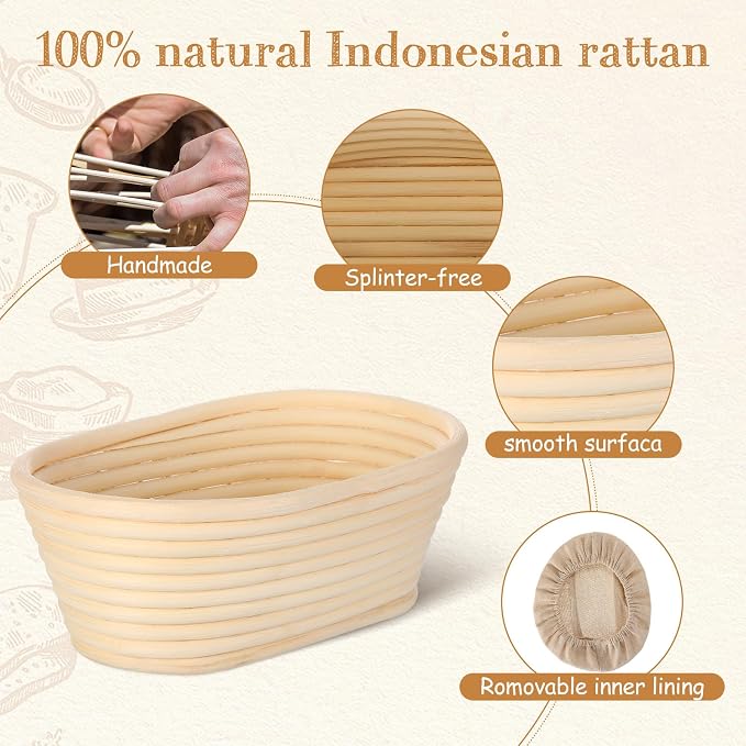 Gejoy 12 Set Bread Proofing Baskets Oval Shaped Banneton Dough Proofing Bowls Kit with Cloth Liner and Plastic Scraper Sourdough Proofing Basket for Home Sourdough Bakers Supplies (8.5 Inch)